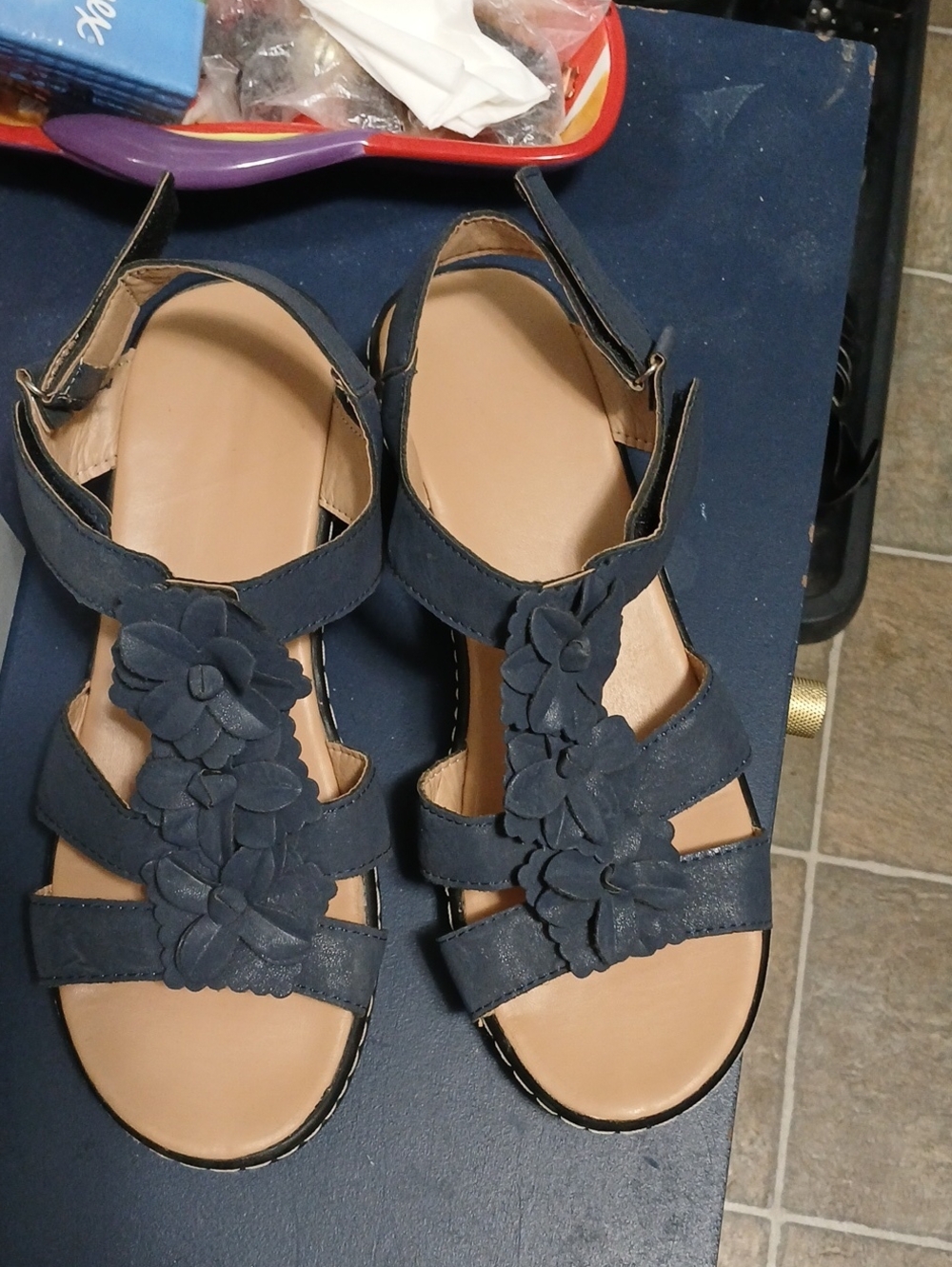 Women’s Navy Floral Strap Sandals with Adjustable Closure